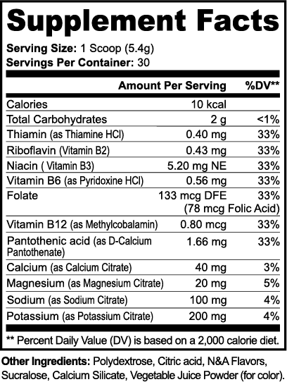 Supplement facts label with detailed nutritional information