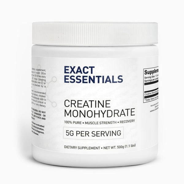 Container of Exact Essentials Creatine Monohydrate on a white background