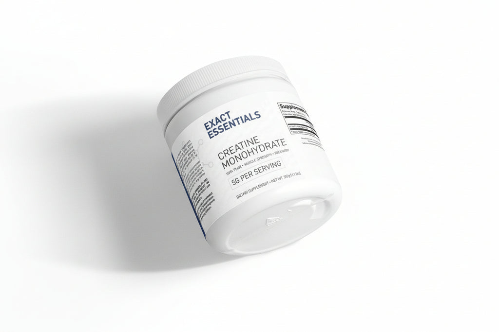 Container of Exact Essentials Creatine Monohydrate supplement on a light gray background