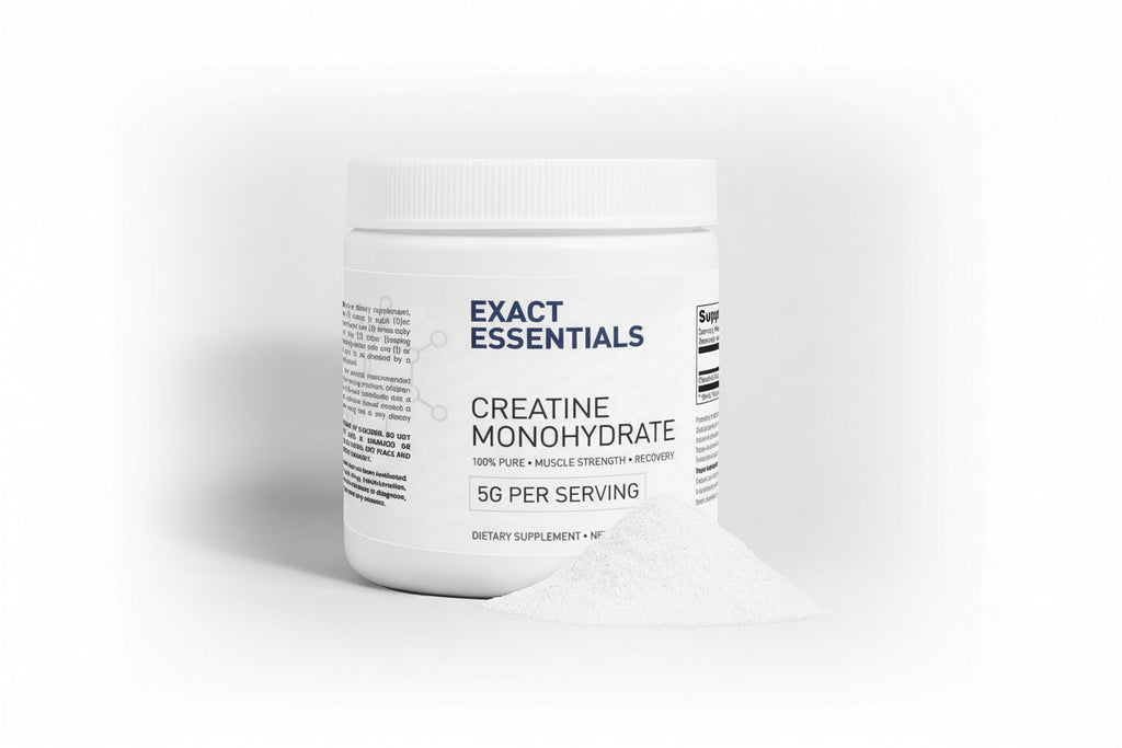 Supplement container labeled 'Exact Essentials' on a light gray background