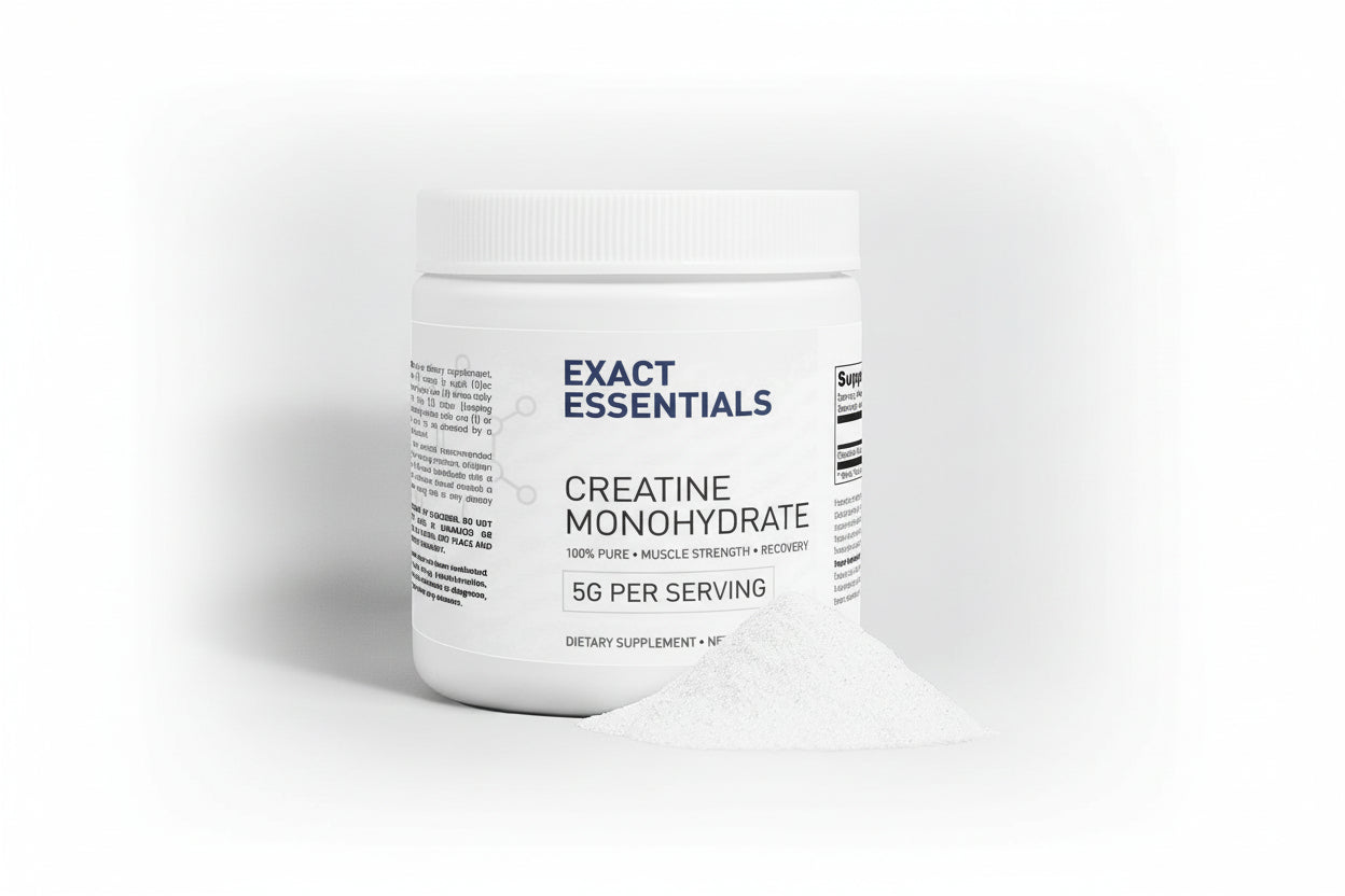 Supplement container labeled 'Exact Essentials' on a light gray background