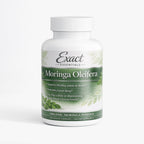Supplement bottle labeled 'Exact Essentials Moringa Oleifera' on a white background