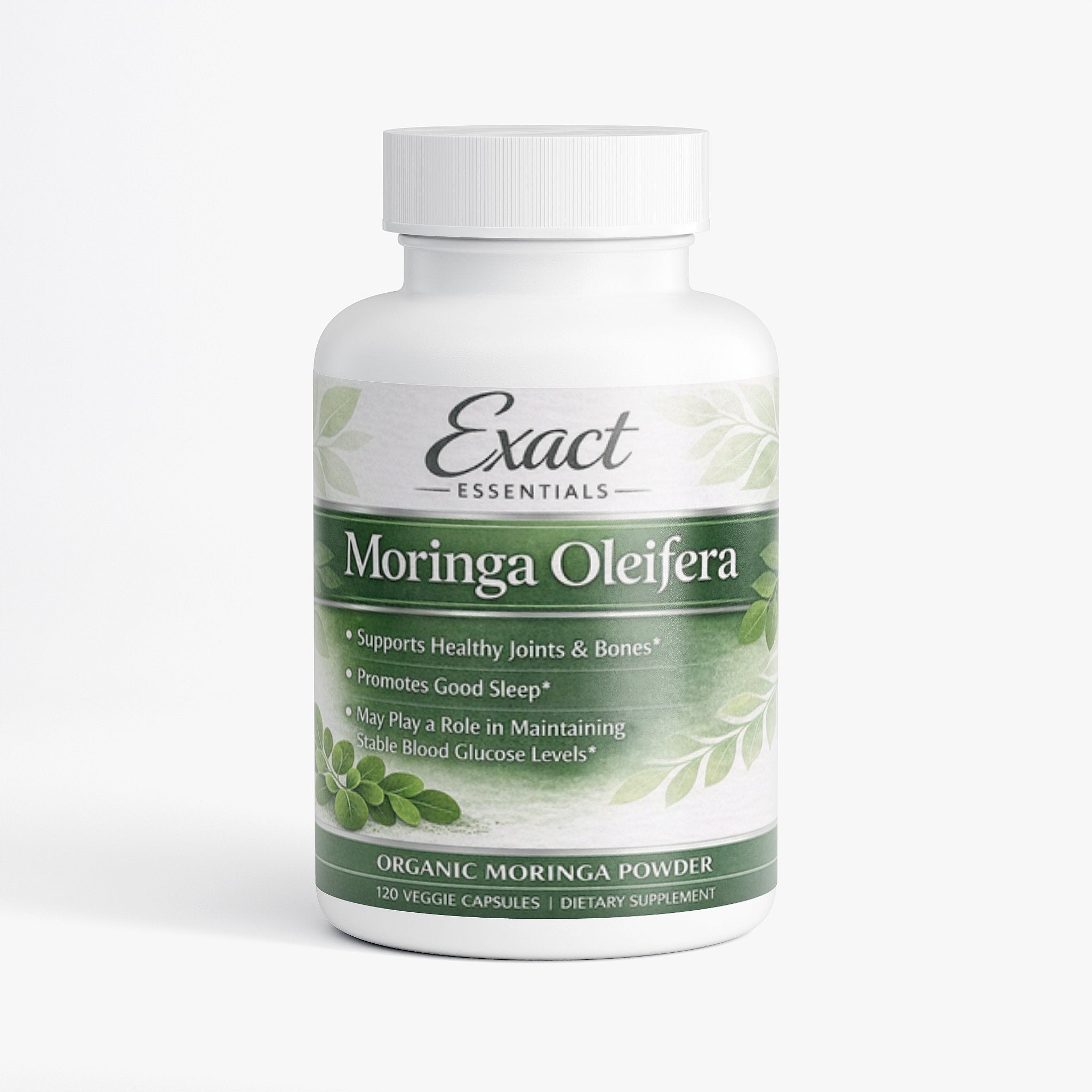Supplement bottle labeled 'Exact Essentials Moringa Oleifera' on a white background