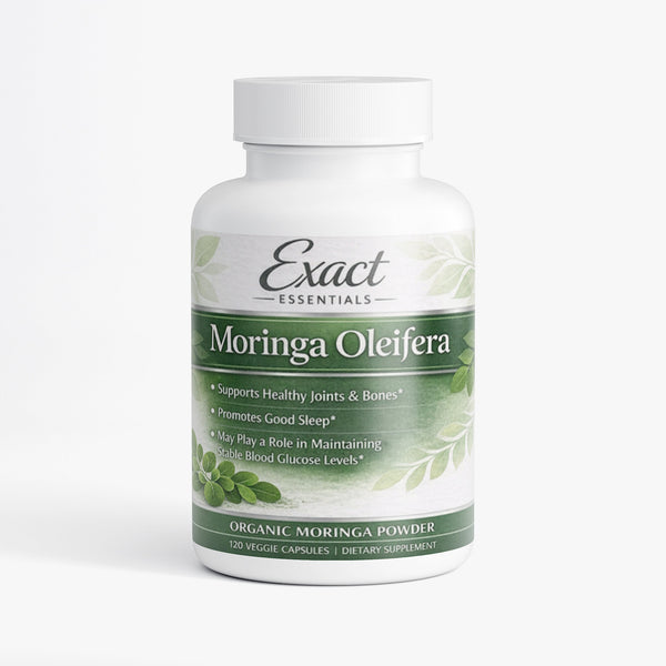 Supplement bottle labeled 'Exact Essentials Moringa Oleifera' on a white background