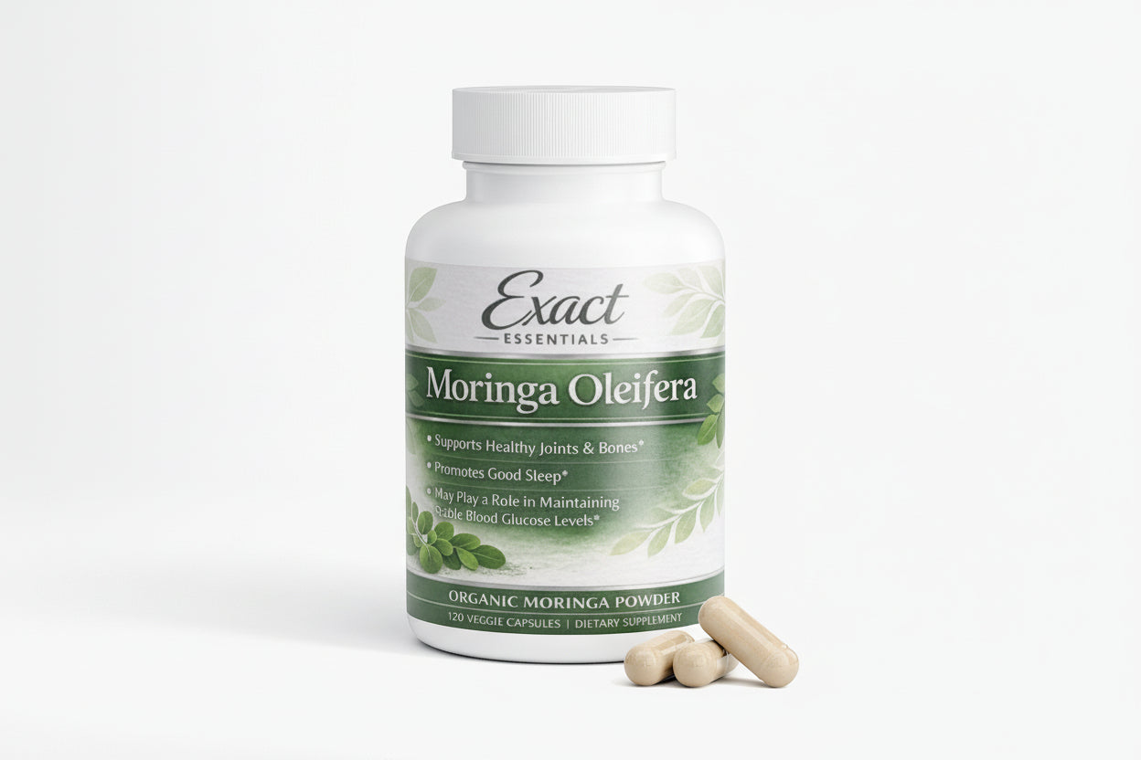 Bottle of Exact Essentials Moringa Oleifera supplement with capsules on a white background
