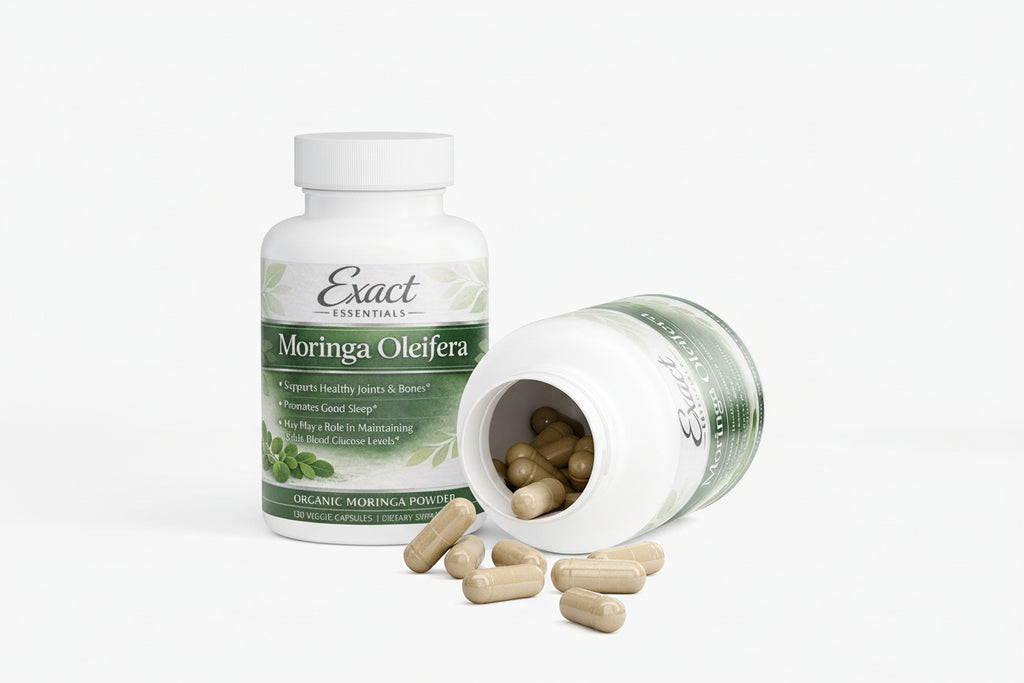 Moringa Oleifera supplement bottle with open lid showing capsules on a white background