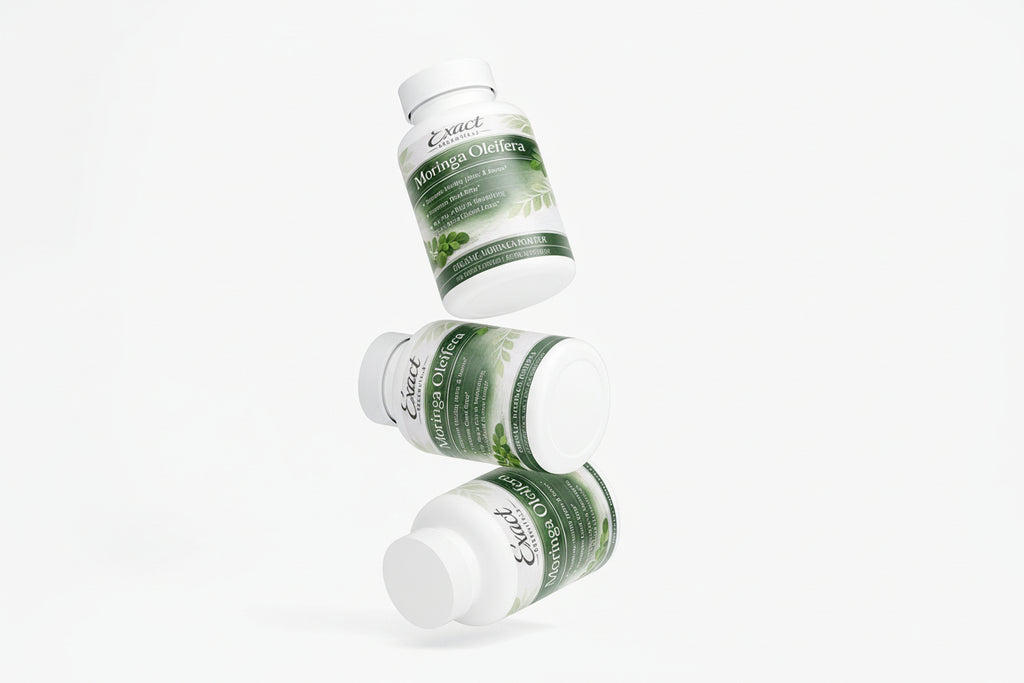 Three bottles of Exact Moringa Oleifera on a white background with 'suplifull' branding.