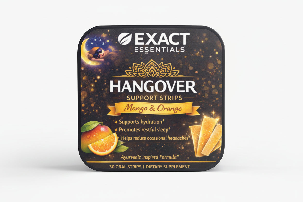Packaging of Exact Essentials Hangover Support Strips with mango and orange flavor on a white background