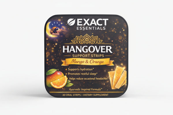 Packaging of Exact Essentials Hangover Support Strips with mango and orange flavor on a white background