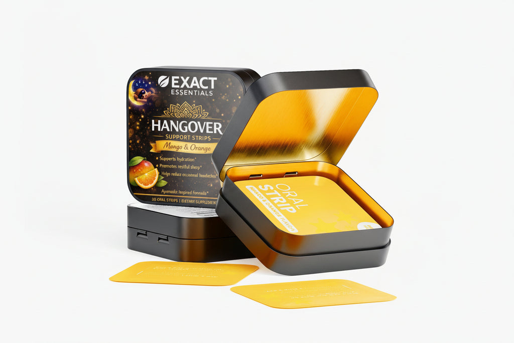Open container of Exact Essentials Hangover Support Strips with two strips on a white background.