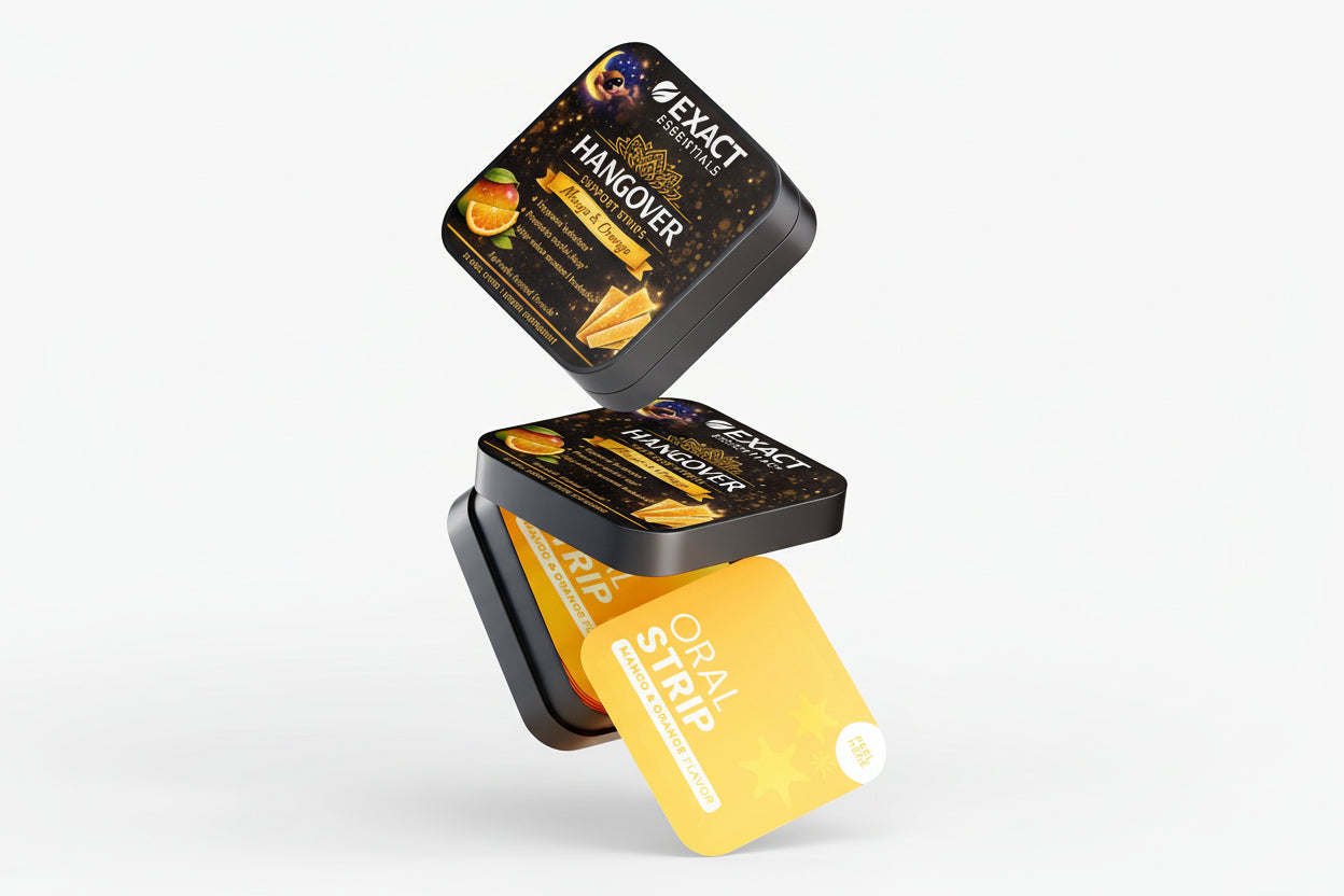 Hangover remedy packaging with 'Exact Essentials' branding on a white background.