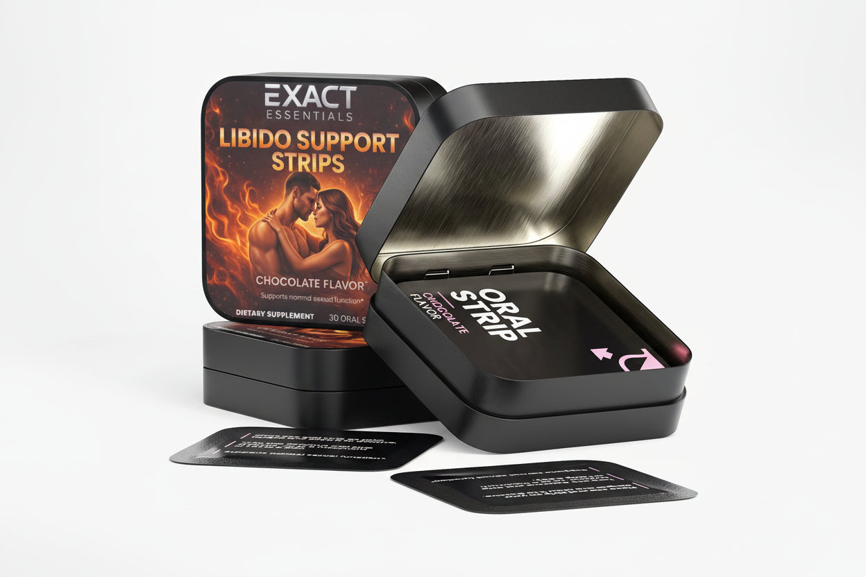 Black container with 'Exact Essentials' libido support strips packaging on a white background.