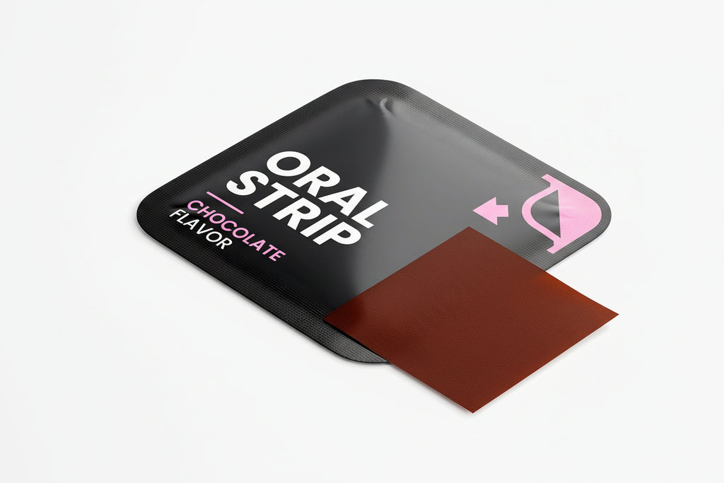 Oral strip packaging with chocolate flavor on a white background