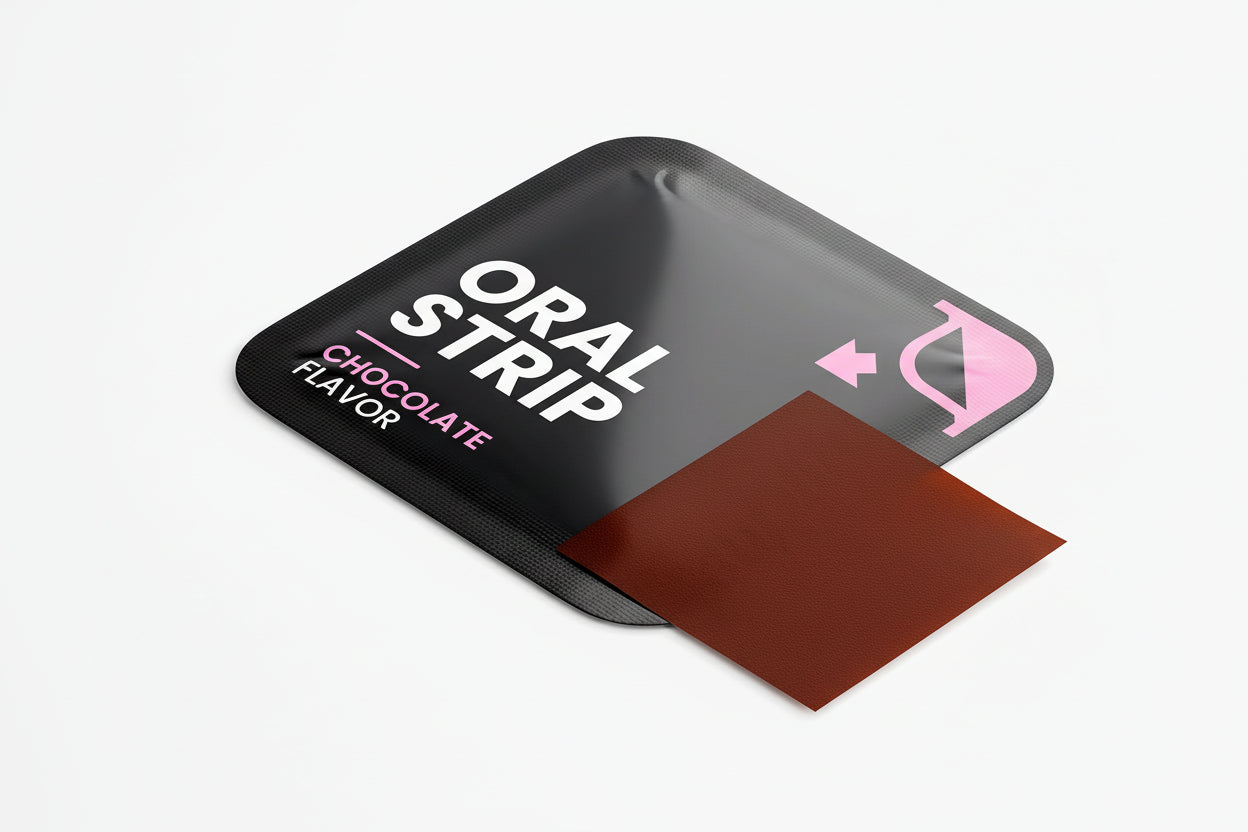 Oral strip packaging with chocolate flavor on a white background