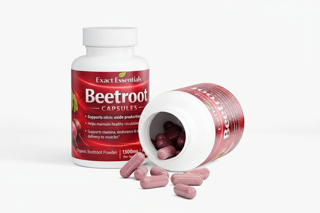Beetroot capsules bottle with open lid showing pink capsules on a white background