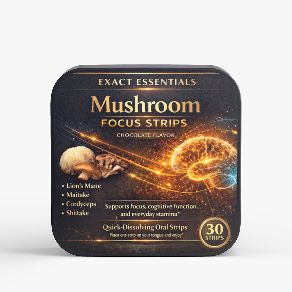 Mushroom focus strips packaging with branding and product details on a white background