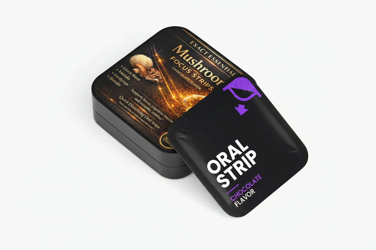 Black container with 'Oral Strip' text on a white background