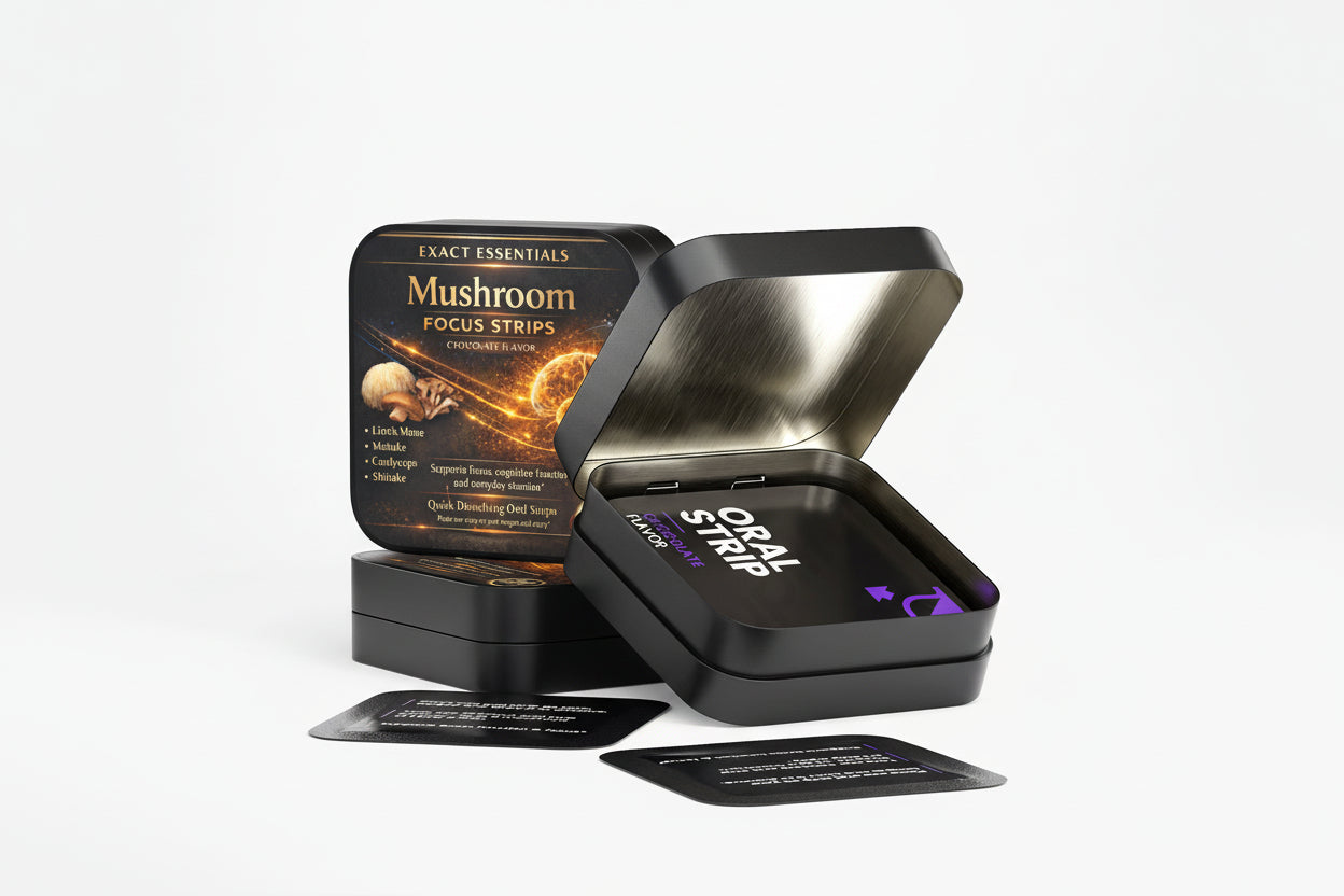 Mushroom focus strips packaging with open container on a white background