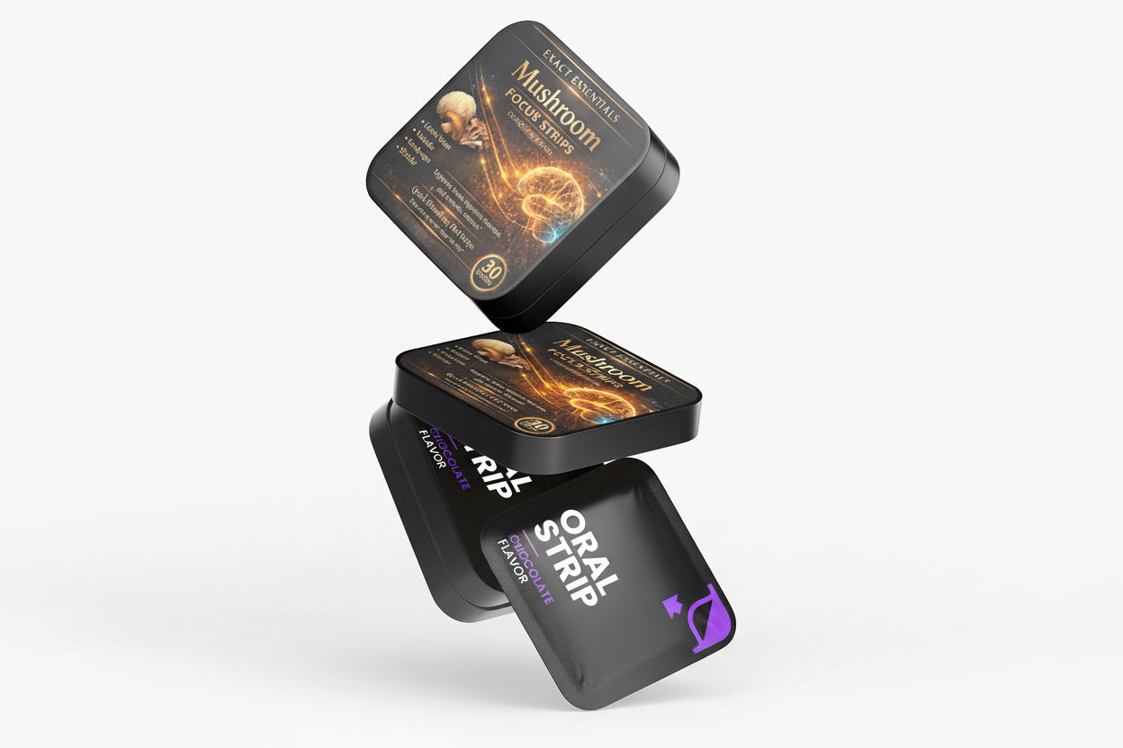 Three black containers labeled 'Mushroom', 'RIP', and 'ORAL STRIP' on a white background.