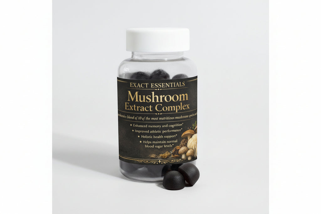 Bottle of Mushroom Extract Complex with label on a light gray background