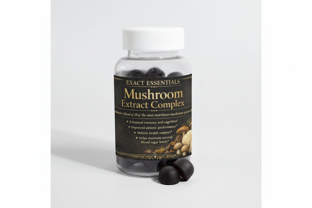 Bottle of Mushroom Extract Complex with label on a light gray background