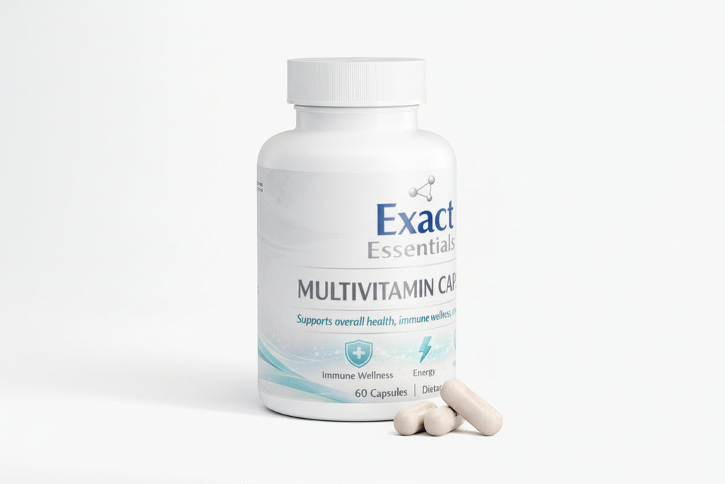 Multivitamin capsule bottle labeled 'Exact Essentials' on a white background