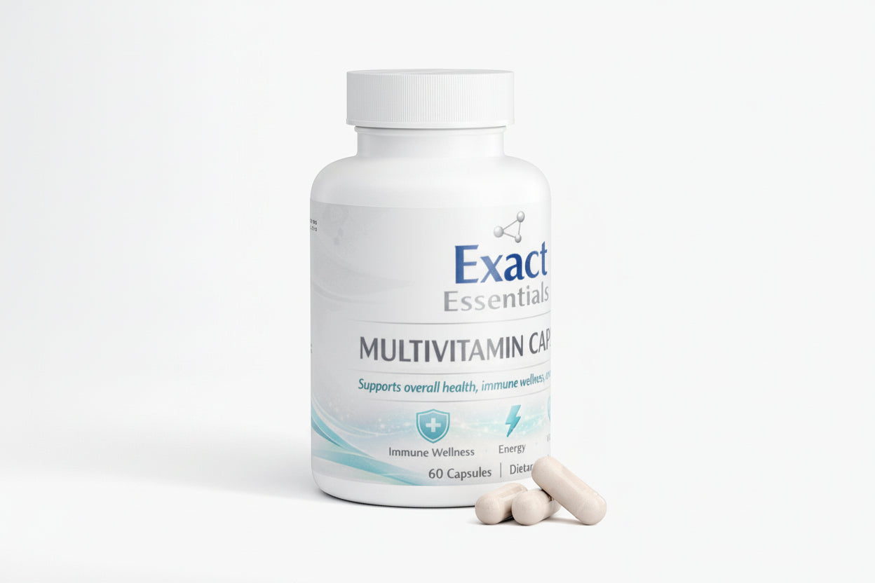 Multivitamin capsule bottle labeled 'Exact Essentials' on a white background