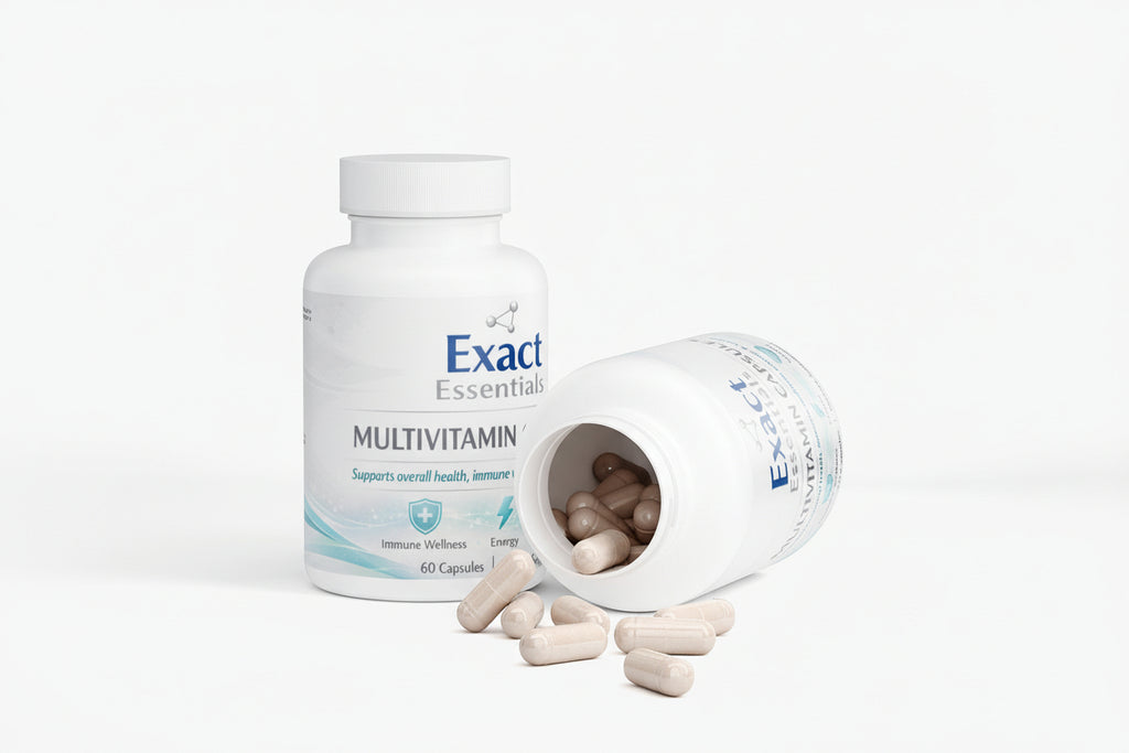 Exact Essentials Multivitamin bottle with open cap showing capsules on a white background