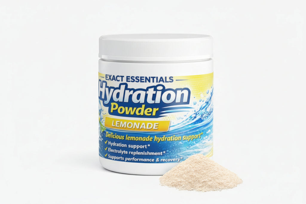 Hydration powder container labeled 'Exact Essentials' with lemonade flavor on a white background.