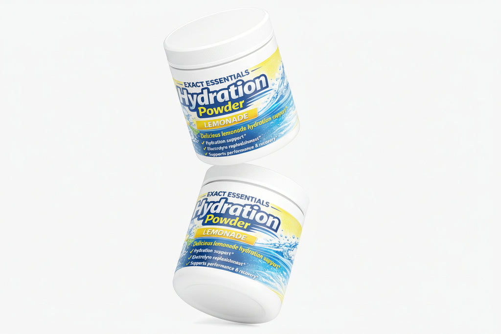 Two containers of Exact Essentials Hydration Powder Lemonade on a white background