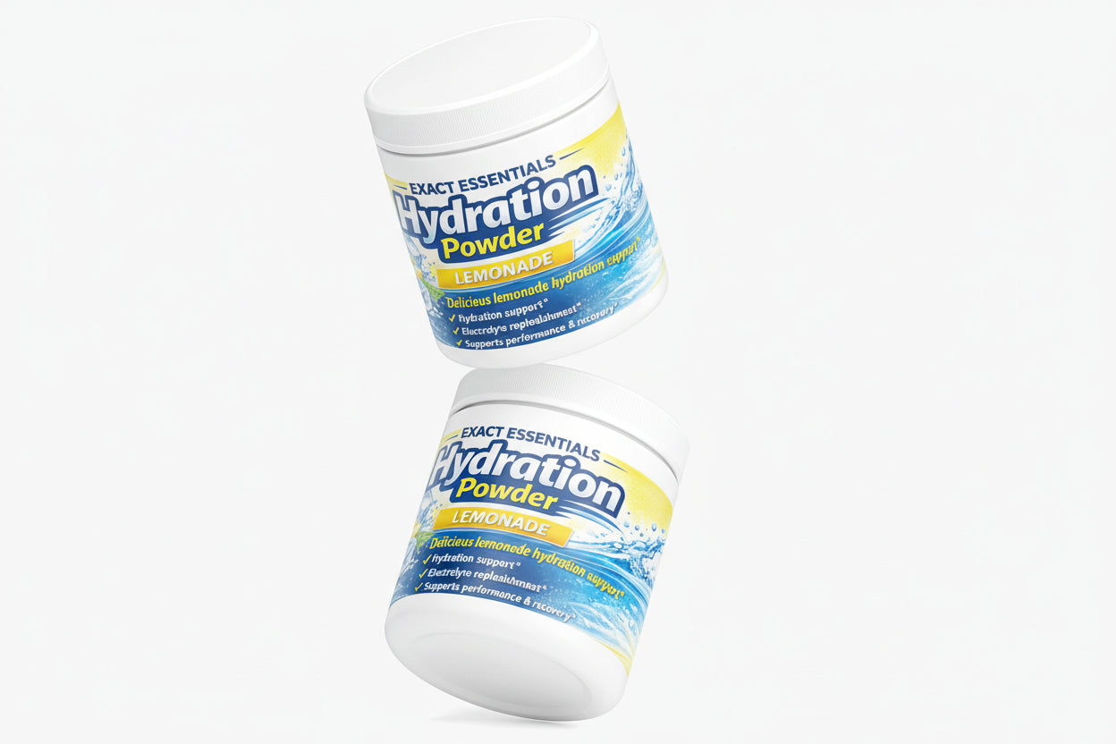 Two containers of Exact Essentials Hydration Powder Lemonade on a white background