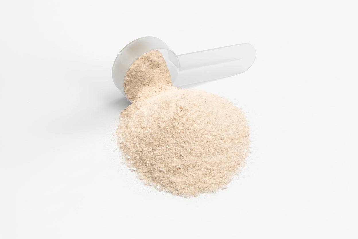 Beige powder spilling out of a small container on a white background with 'suplifull' branding.