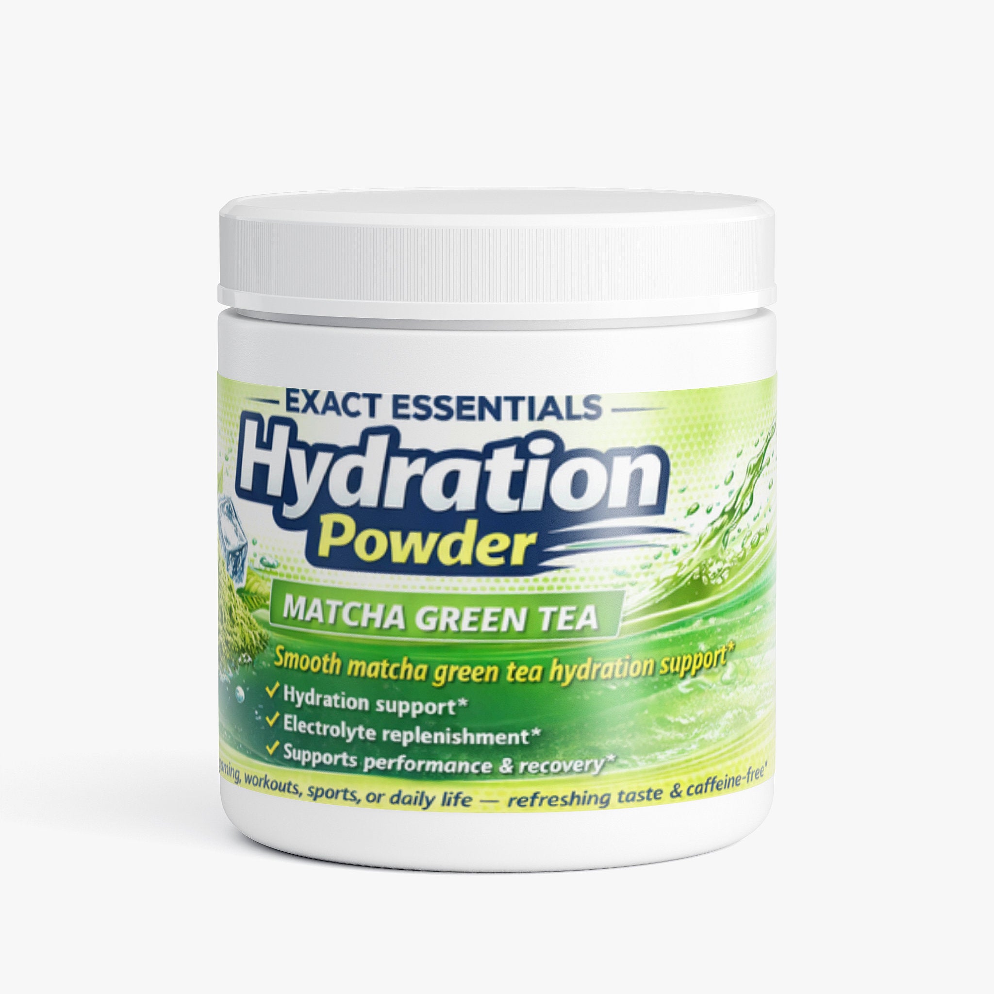 Container of Exact Essentials Hydration Powder with matcha green tea flavor on a white background