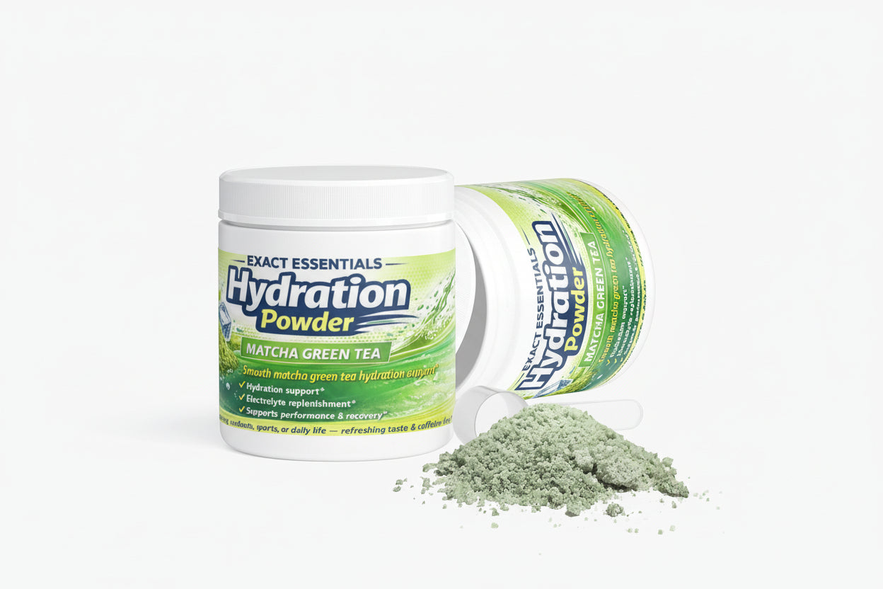 Hydration powder container with green powder on a white background