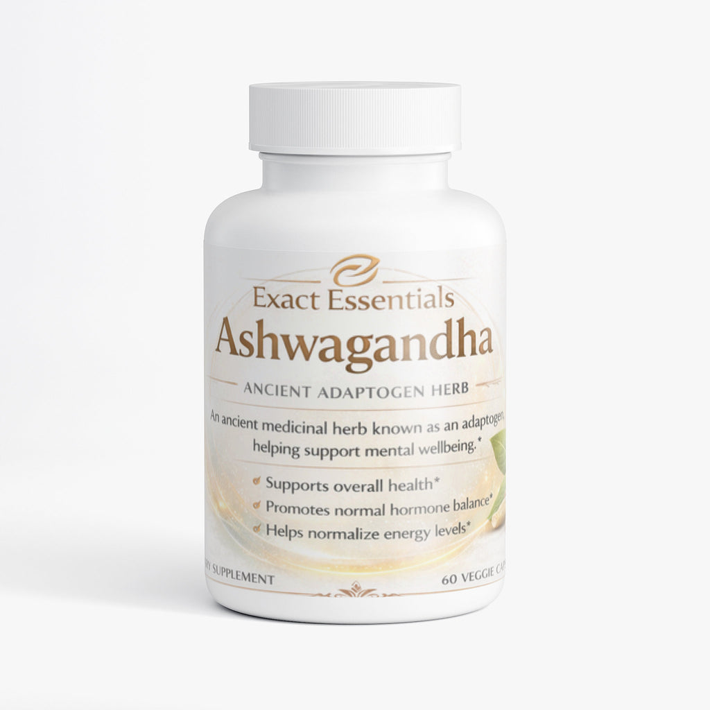 Exact Essentials Ashwagandha supplement bottle on a white background