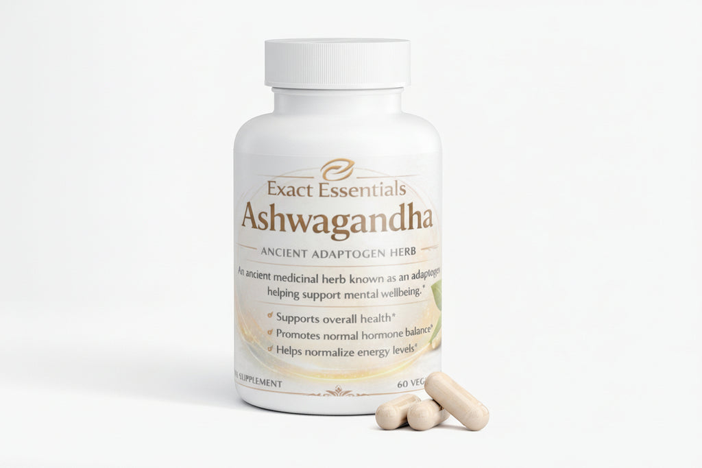Bottle of Exact Essentials Ashwagandha supplement with capsules on a white background