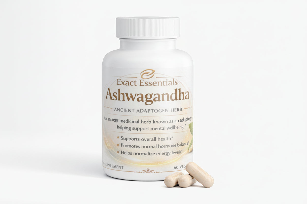 Bottle of Exact Essentials Ashwagandha supplement with capsules on a white background