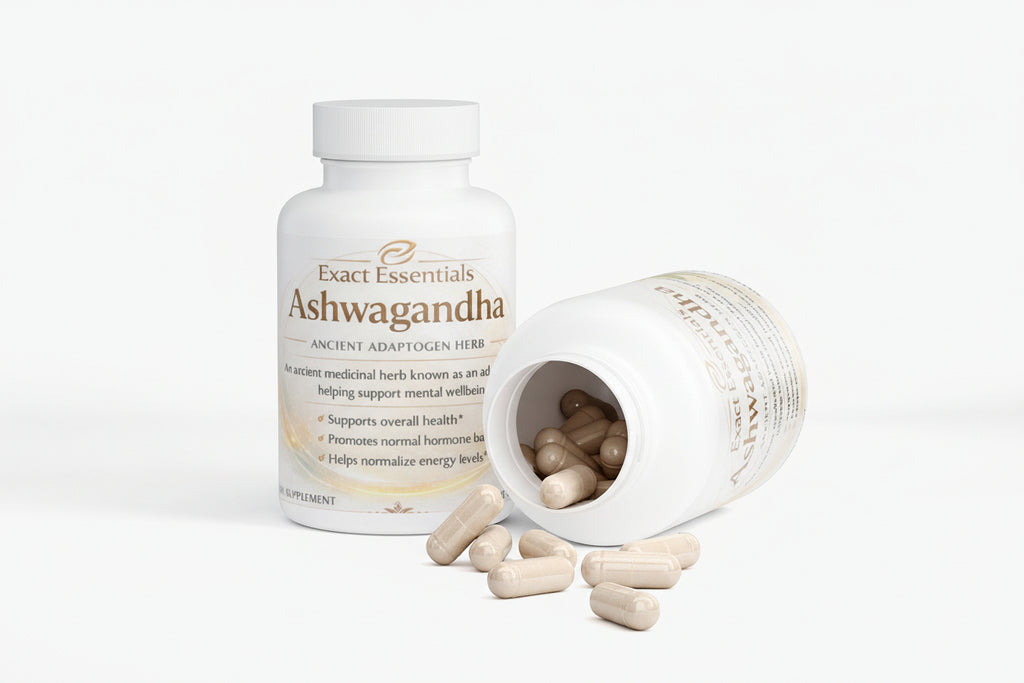 Ashwagandha supplement bottle with open container on a white background