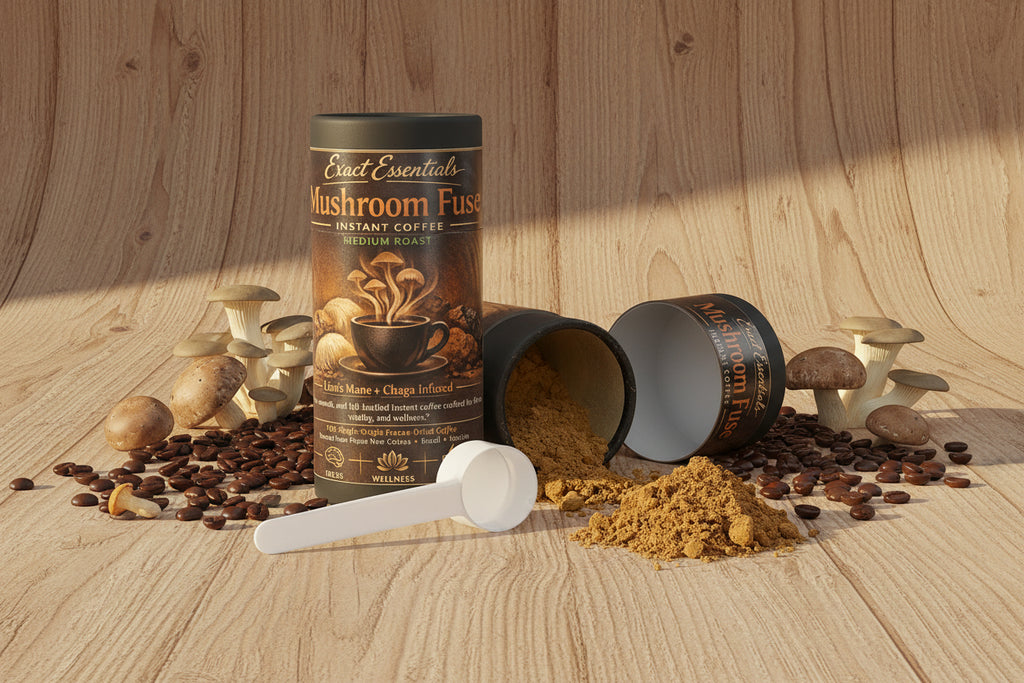 Mushroom-infused coffee product with open container and scoop on a white background
