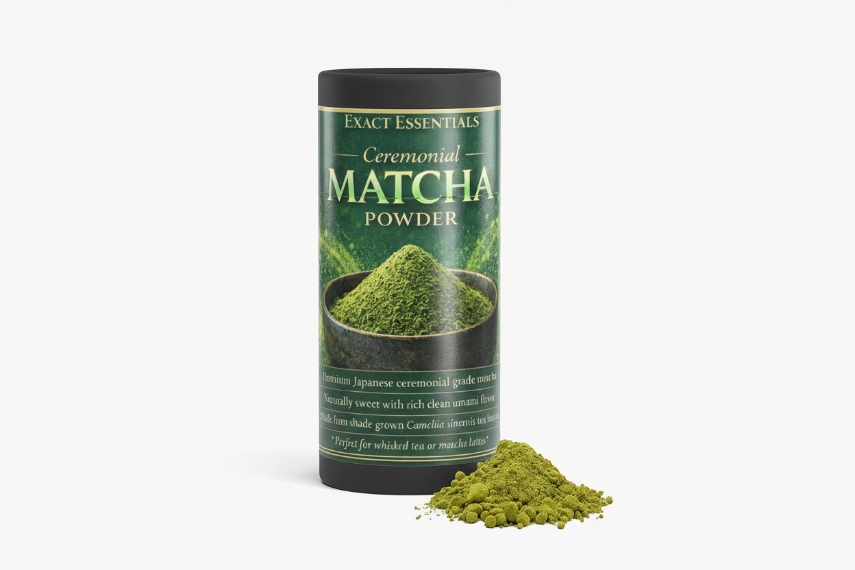 Cylindrical container of Exact Essentials Ceremonial Matcha Powder with green powder on a white background.