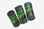 Three cylindrical containers of Ceremonial Matcha Powder on a white background