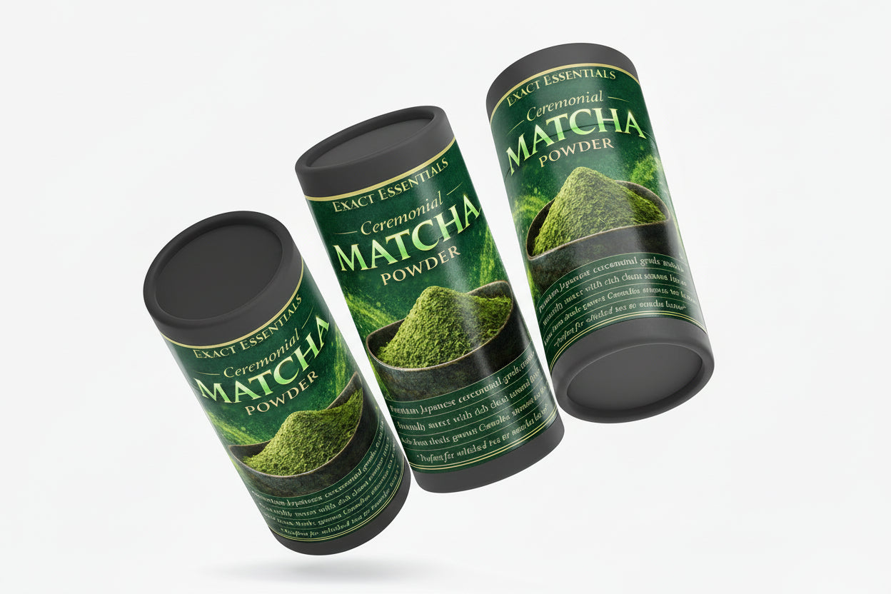 Three cylindrical containers of Ceremonial Matcha Powder on a white background