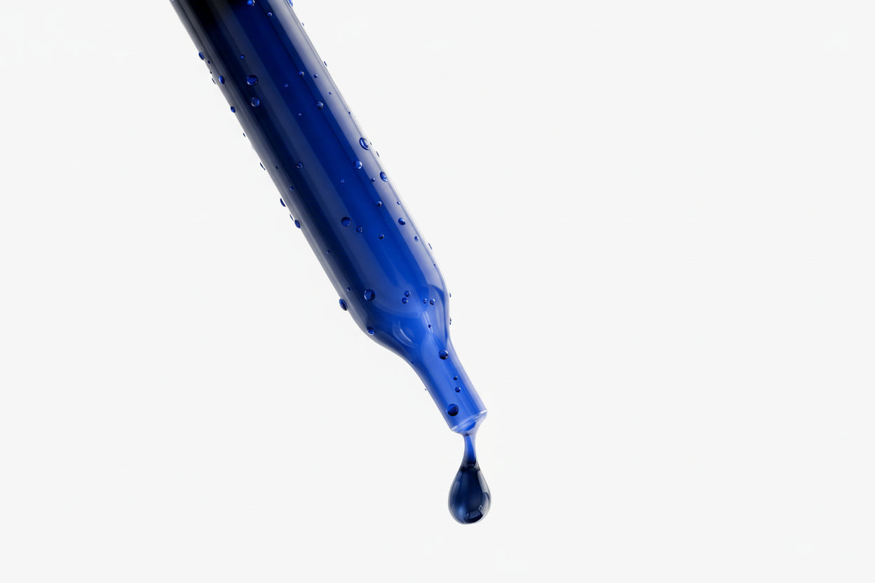 Blue liquid being dripped from a pipette onto a white background with 'supiful' branding.