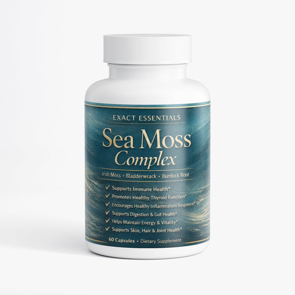Supplement bottle labeled 'Sea Moss Complex' by Exact Essentials on a white background