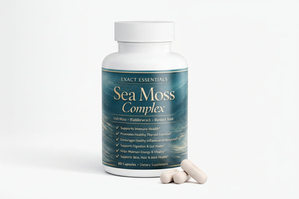 Bottle of Exact Essentials Sea Moss Complex with capsules on a white background