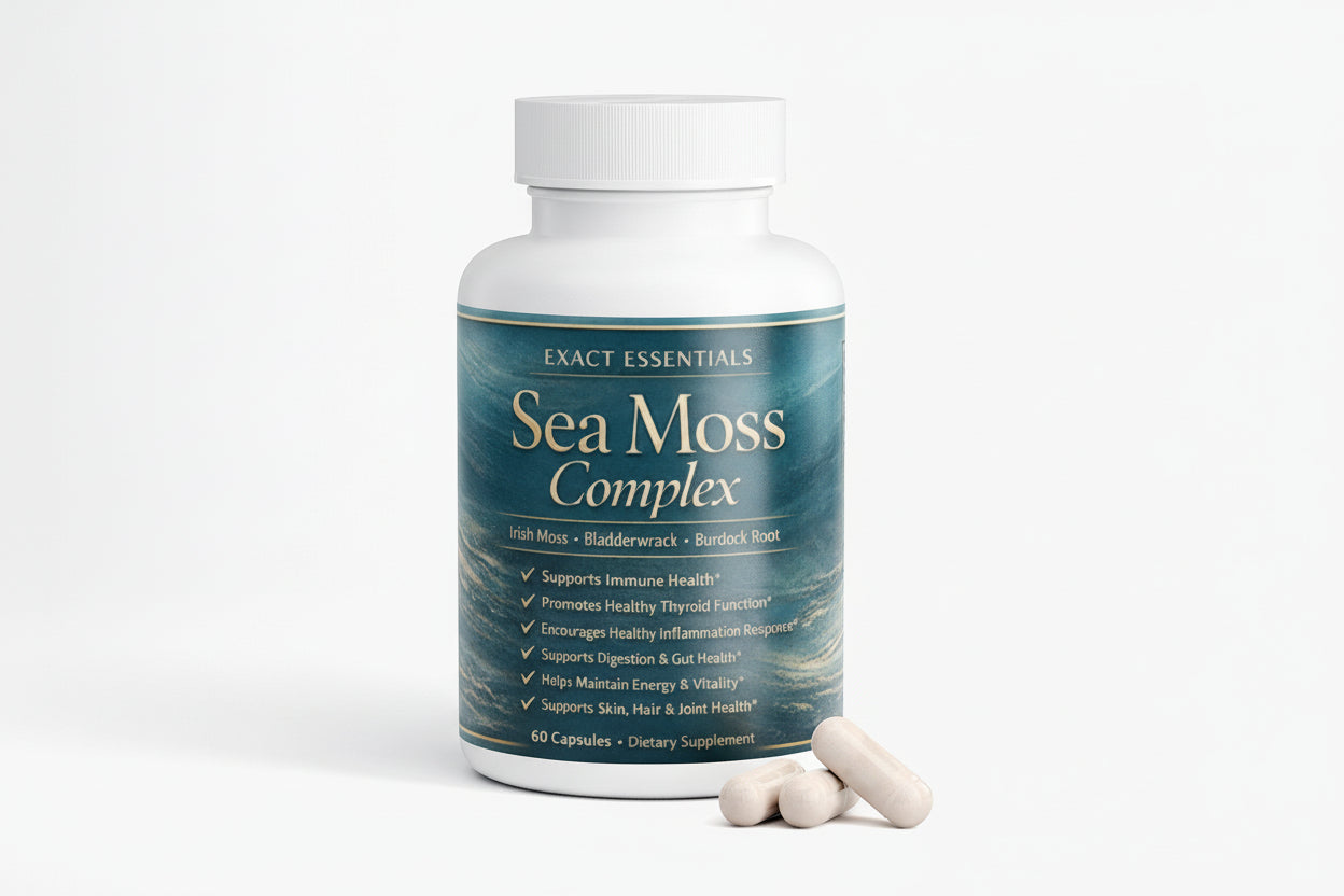 Bottle of Exact Essentials Sea Moss Complex with capsules on a white background