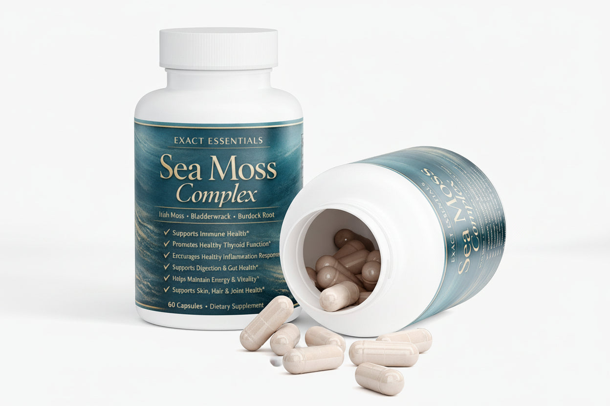 Sea Moss Complex supplement bottle with open lid showing capsules on a white background