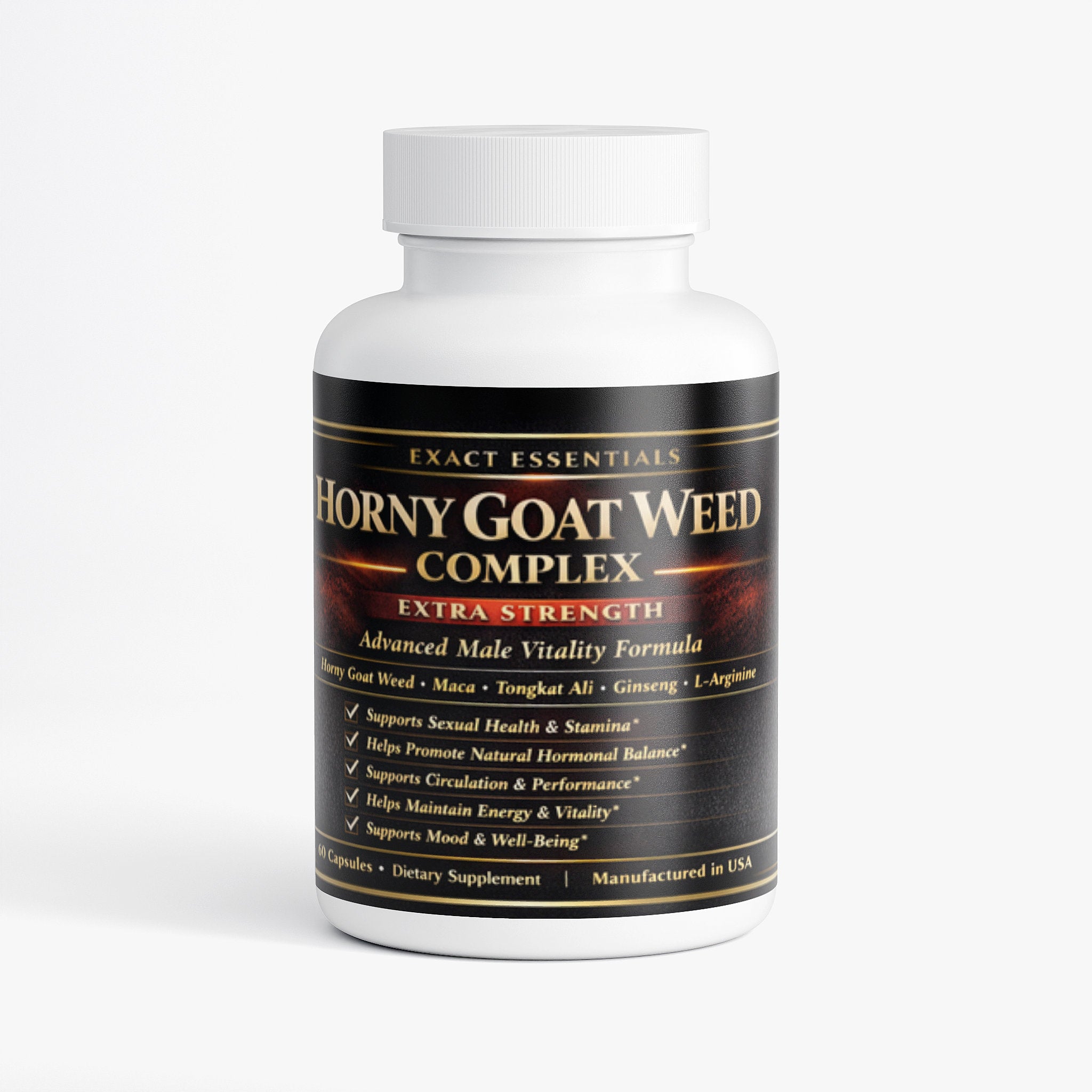 Supplement bottle labeled 'Horny Goat Weed Complex' on a white background