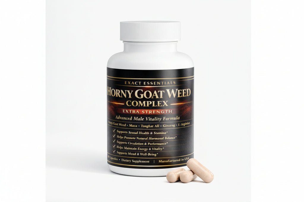Bottle of Horny goat weed complex with pills on a white background