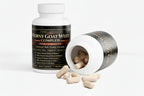 Horny Goat Weed Complex supplement bottle with open cap showing pills on a white background
